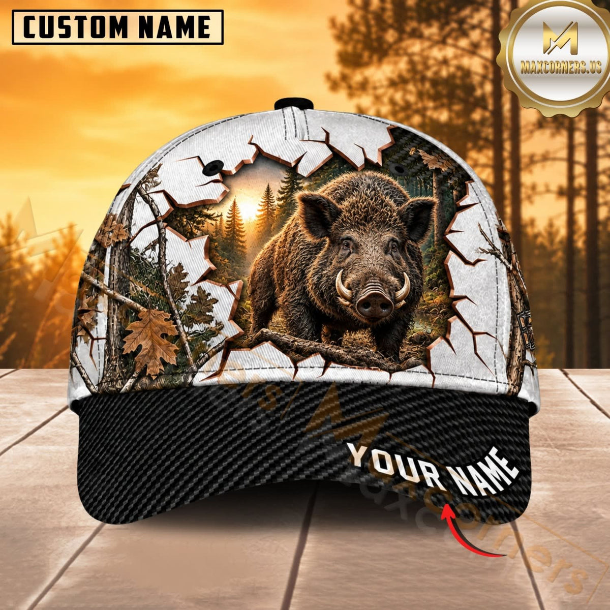 Maxcorners Hunting Wildlife Cracked Wall Autumn Forest Black Brim Personalized Name 3D Cap