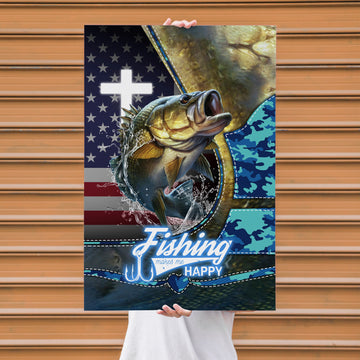 Maxcorners Largemouth Bass Fishing Faith Cross American Flag Design Personalized Name 3D Poster