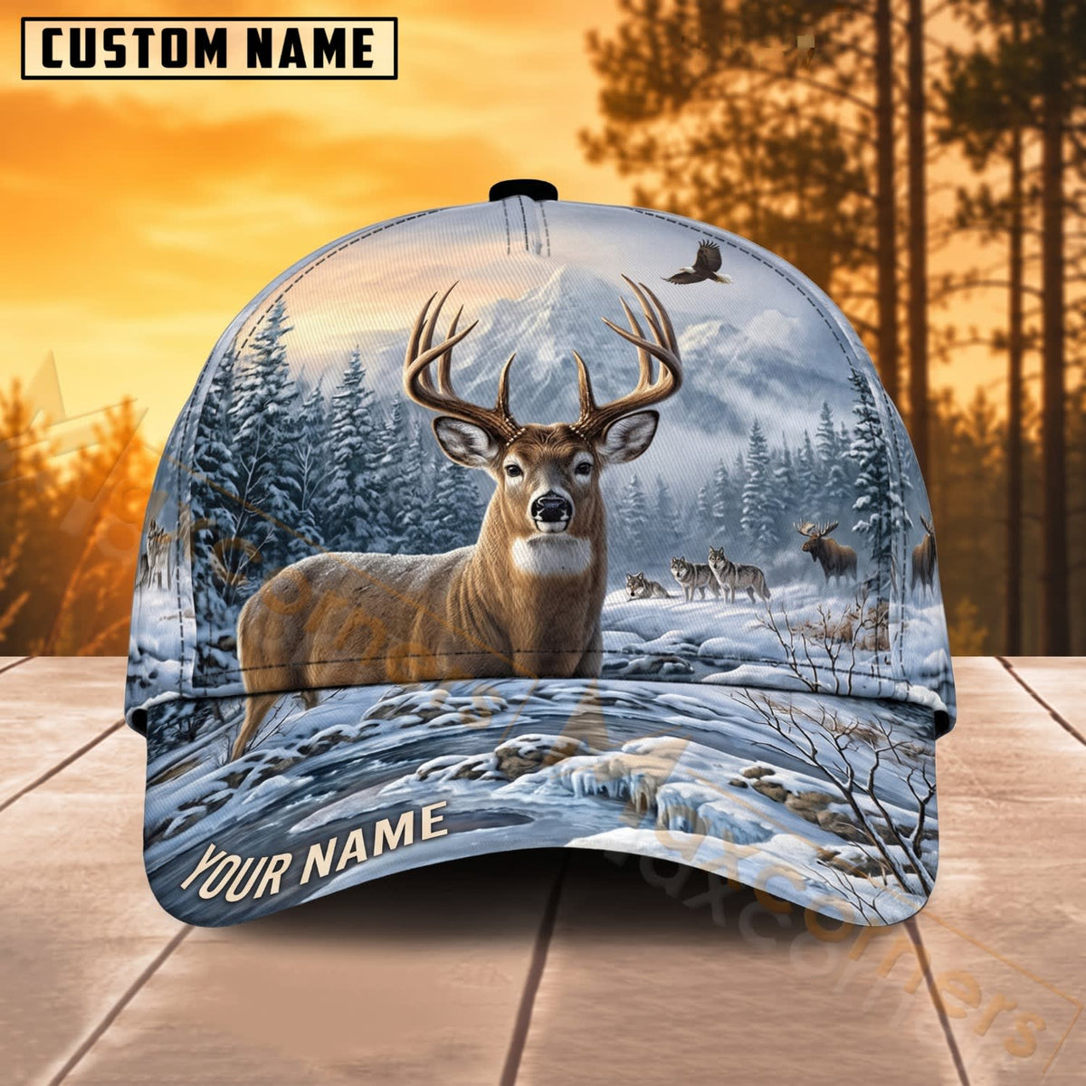 Maxcorners Deer Hunting Snowy Forest Winter Buck Personalized Name 3D Cap