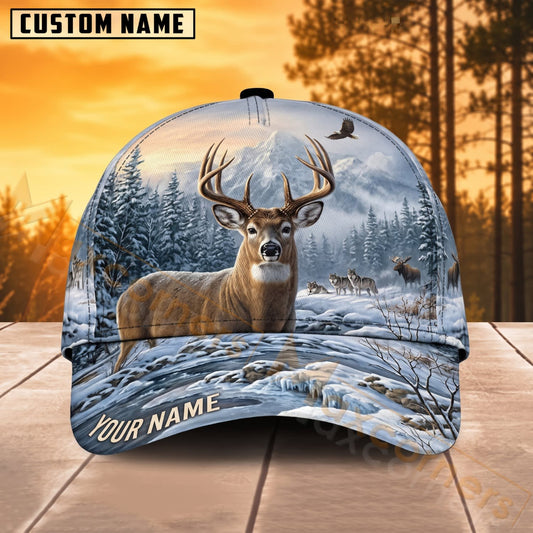 Maxcorners Deer Hunting Snowy Forest Winter Buck Personalized Name 3D Cap