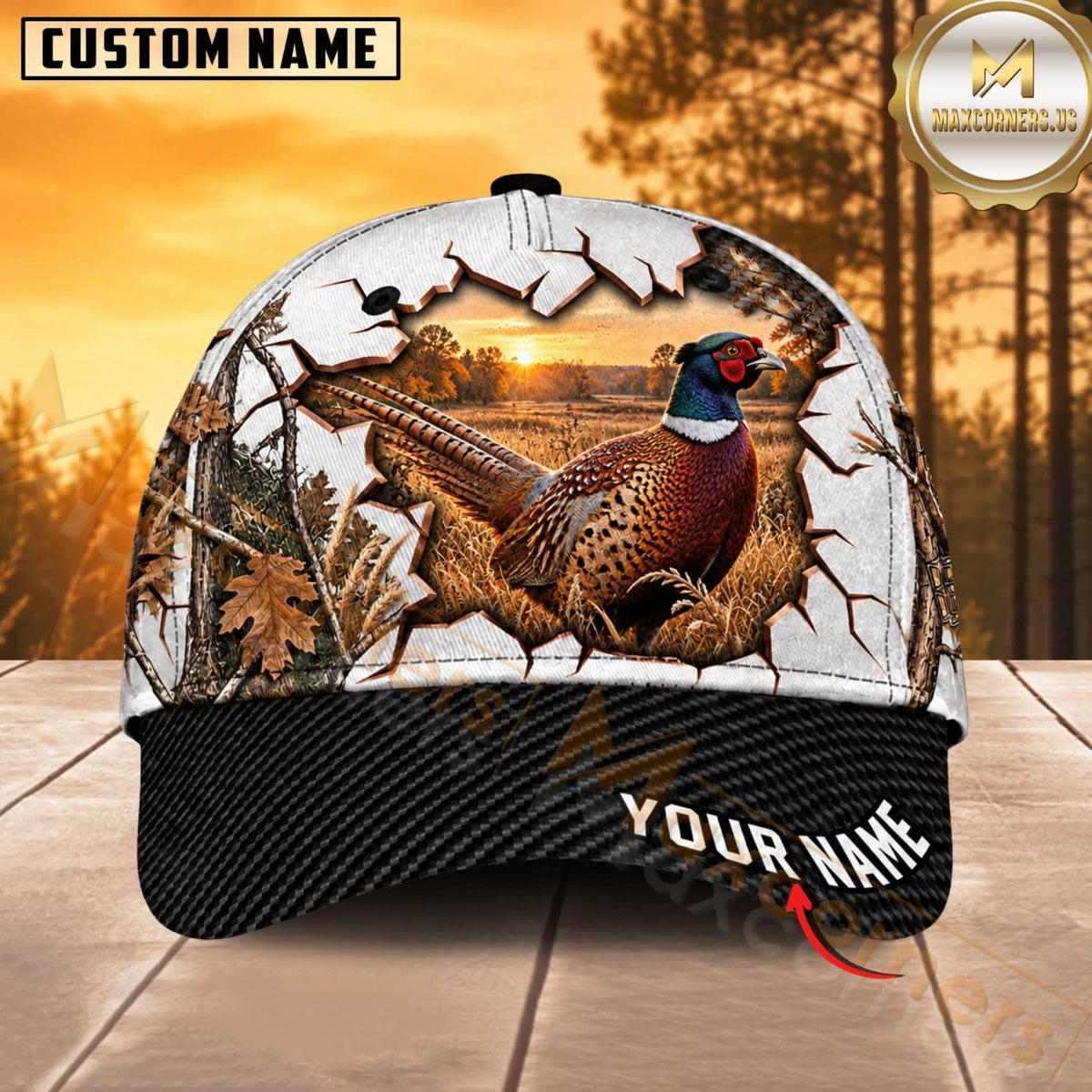 Maxcorners Hunting Wildlife Cracked Wall Autumn Forest Black Brim Personalized Name 3D Cap