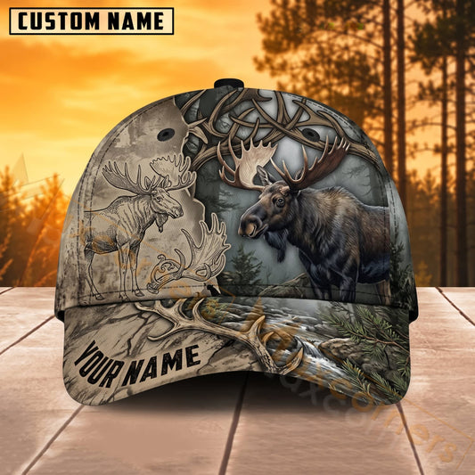 Maxcorners Moose Hunting Vintage Wildlife Antler Sketch Personalized Name 3D Cap