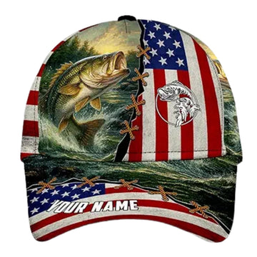 Maxcorners Custom American Flag Fishing Baseball Cap, Custom Patriotic Caps For Fishing Lovers LM0402