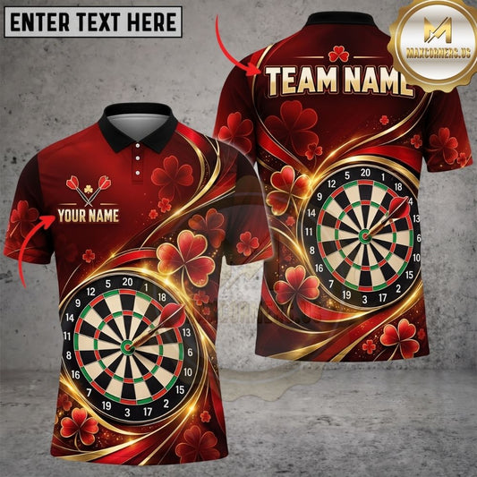 Maxcorners Darts Emerald Swirls Shamrock Leaves Golden Accent Target Board Graphic Multicolor Customized Name, Team Name 3D Shirts