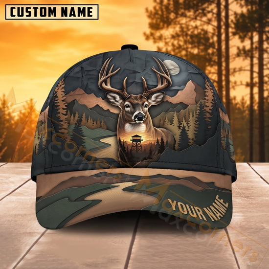 Maxcorners Deer Hunting Mountain Sunset Forest Silhouette Personalized Name 3D Cap