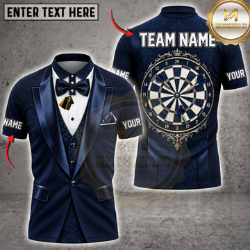 Maxcorners Darts Elegant Navy Blue Tuxedo Silver Dartboard Personalized Name 3D Unisex Shirt