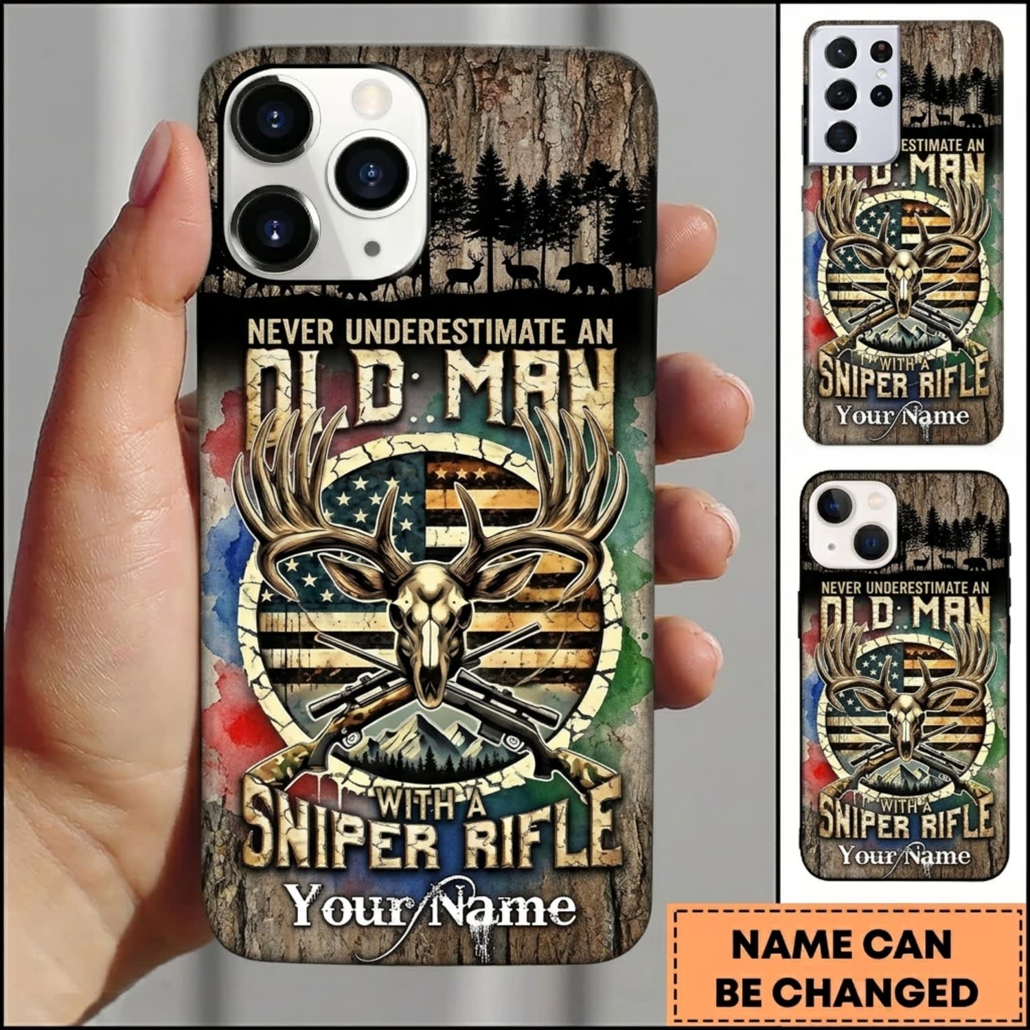 Maxcorners Hunting Old Man Sniper Rifle Hunter Camo Personalized Name 3D Phone Case