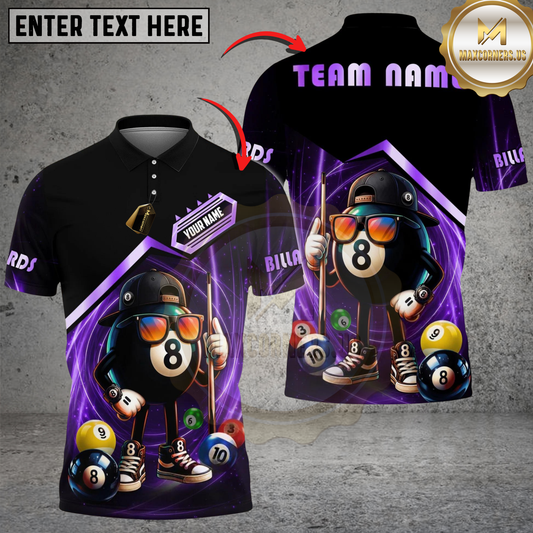 Maxcorners Billiards 8 Ball Funny Character Swirl Customized Name, Team Name 3D Shirt (6 Colors)