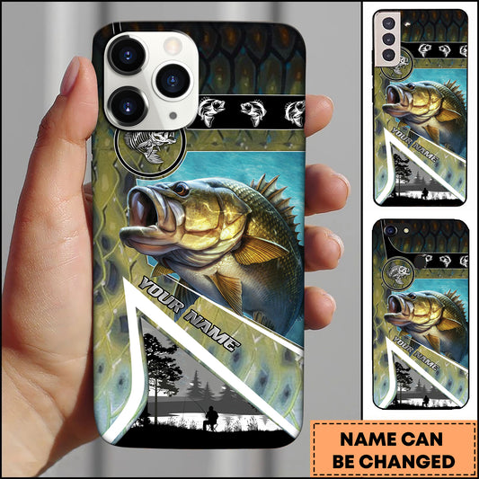 Maxcorners Largemouth Bass Fishing Geometric Lake Scene Personalized Name 3D Phone Case
