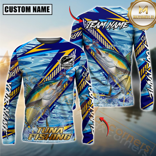 Maxcorners Tuna Fishing Yellow Blue Lightning Pattern Design Custom Name & Team Name 3D Shirts