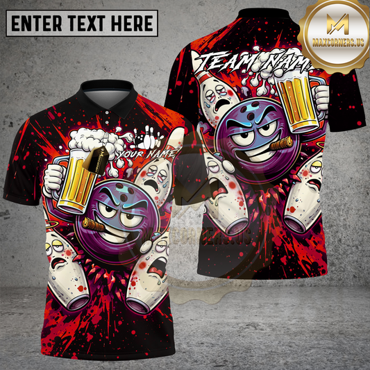 Maxcorners Bowling Beer Party Cartoon Multicolor Options Personalized Name, Team Name 3D Shirt (4 Colors)
