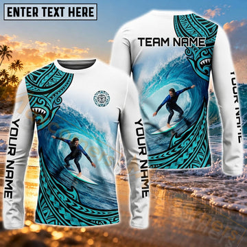 Maxcorners Surfing Style Tropical Ocean Wave Art Customized Name, Team Name 3D Long Sleeve Shirt