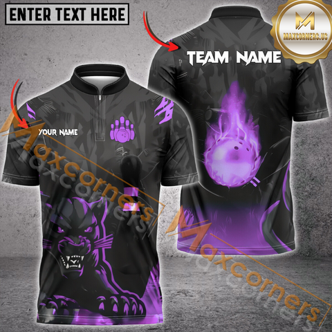 Maxcorners Black Panther Ball Flame Bowling Jersey Multicolor Customized Name, Team Name 3D Polo Shirt