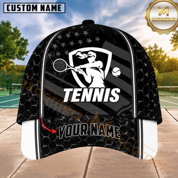 Maxcorners Tennis Female Player Shield Black White American Stars & Stripes 3D Design Personalized Name 3D Cap