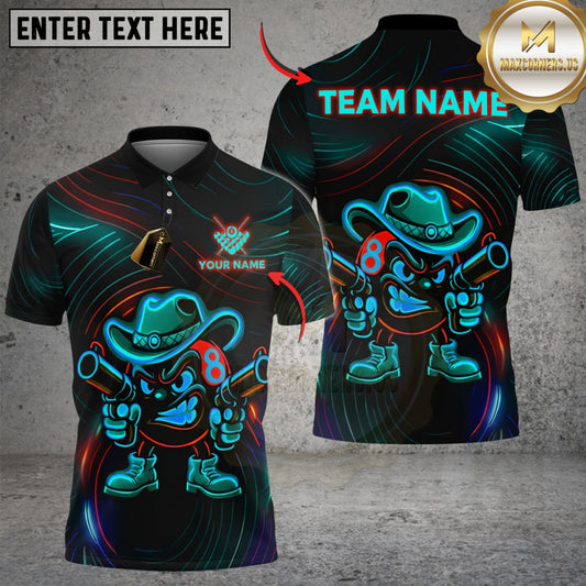 Maxcorners Billiards Ball 8 Neon Cowboy Customized Name, Team Name 3D Shirt (4 Colors)