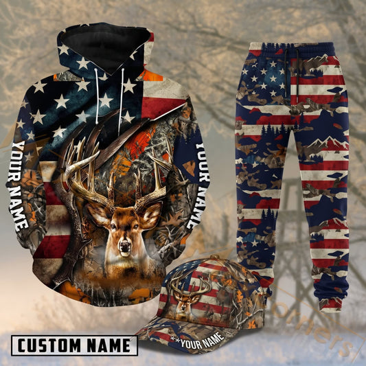 Maxcorners Hunting Whitetail Buck American Flag Patriotic Camo Personalized 3D Combo Hoodie, Sweatpants Set & Cap