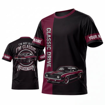 Maxcorners Personalized Car Classic Muscle Car 3D T-Shirt – Black Burgundy Classic Drive and Red Muscle Car
