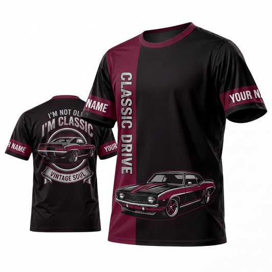 Maxcorners Personalized Car Classic Muscle Car 3D T-Shirt – Black Burgundy Classic Drive and Red Muscle Car