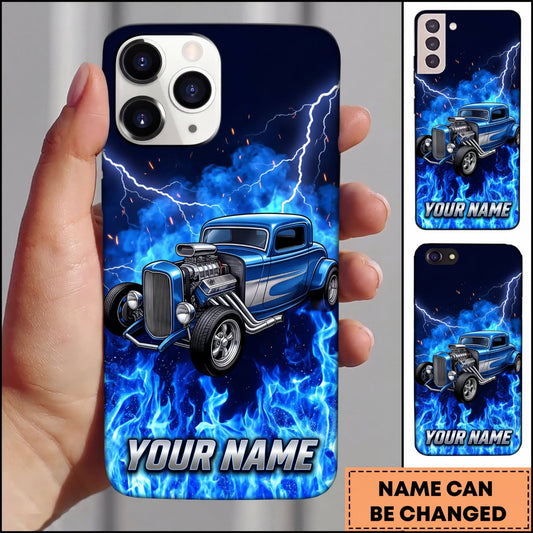 Maxcorners Hot Rod Blue Vintage Car with Electric Flame Personalized Name 3D Phone Case