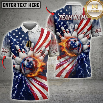 Maxcorners Bowling American Flag Blue Lightning Bowling Ball And Pins Personalized Name 3D Unisex Shirt