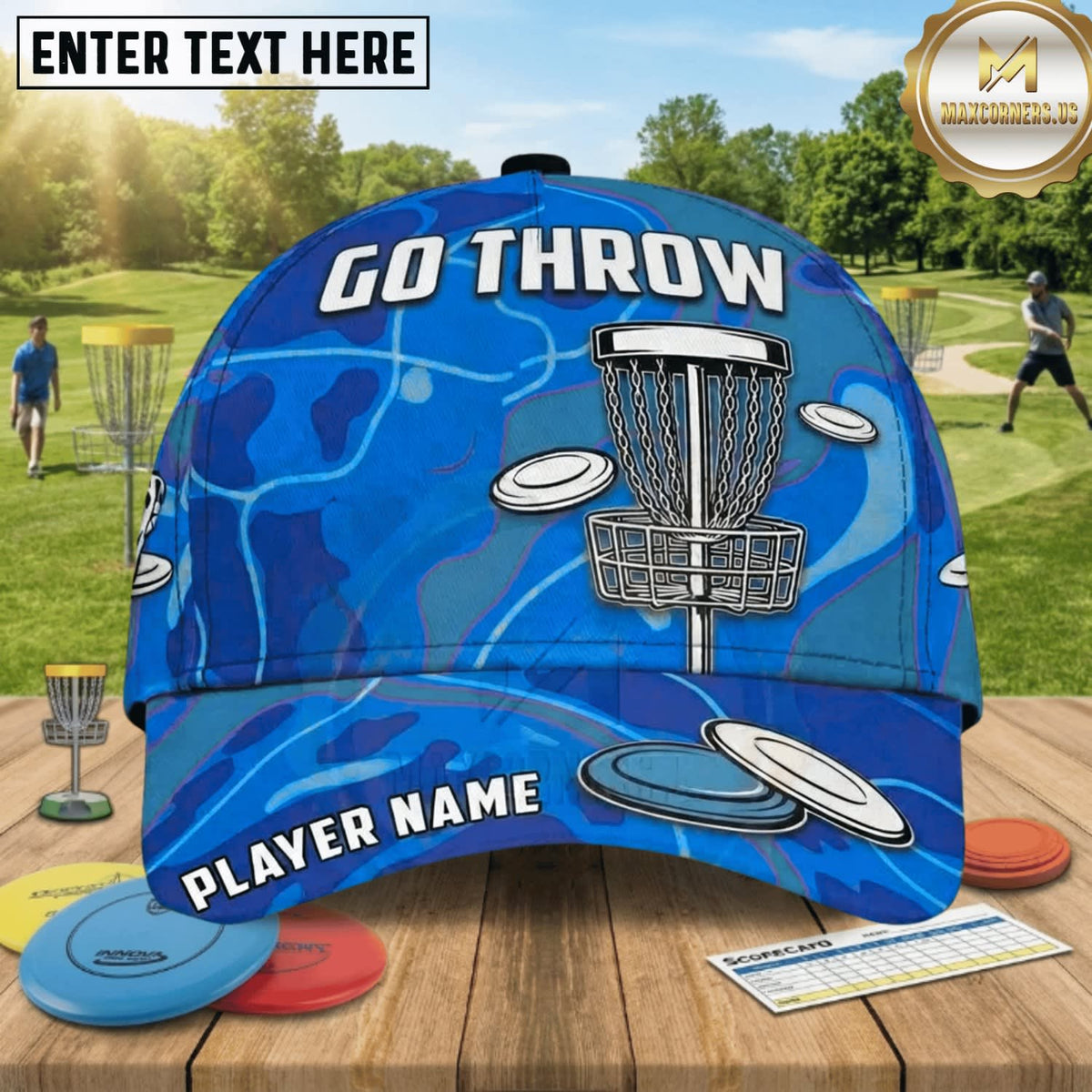 (8 Colors) Maxcorners Disc Golf Go Throw Chain Basket & Flying Discs Personalized Name 3D Cap LM3009