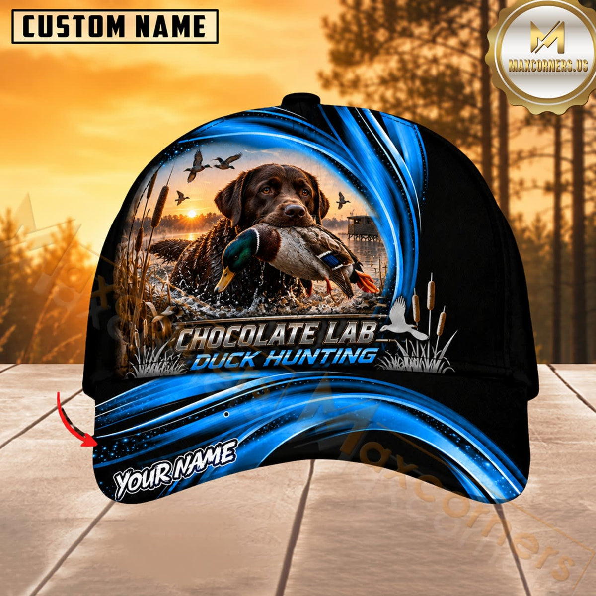 Maxcorners Dog Hunting And Duck Blue Wave Sunset Marsh Scene Multiple Options Personalized Name 3D Cap