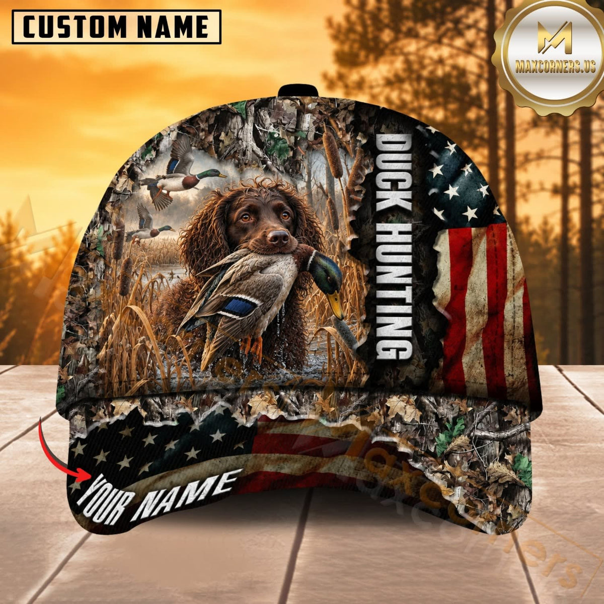 Maxcorners Dog Hunting And Duck Hunting Dog Marsh Camo American Flag Personalized Name 3D Cap