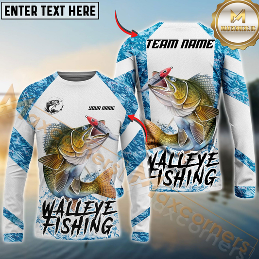 Maxcorners Fishing Blue Camo White Pattern Sport Custom Name & Team Name 3D Shirts