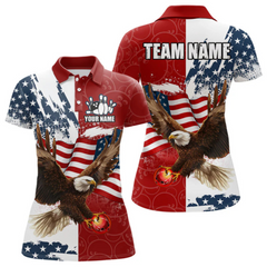 Maxcorners Red, White, Blue American Flag Eagle Men Bowling Shirt Custom Patriotic Red Camo Bowling Team Jersey LM184