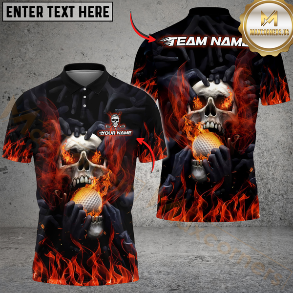 Maxcorners Flaming Skull Golf Polo Shirt, Customized Name & Team Name 3D Shirts (4 Colors)