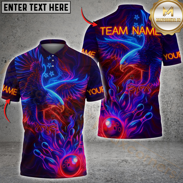 Maxcorners Bowling Eagle Neon Style Multicolor Customized Name, Team Name 3D Shirts