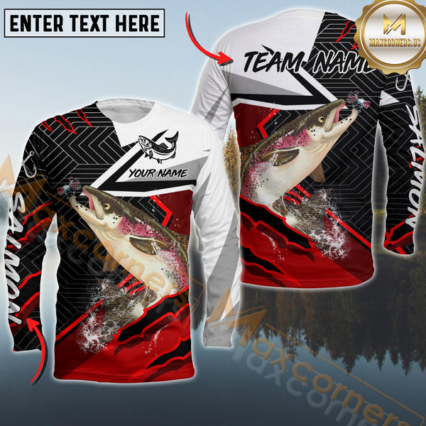 Maxcorners Salmon Fishing Gradient Red Pattern Sport Custom Name & Team Name 3D Shirts