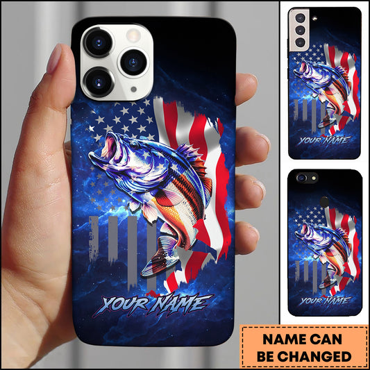 Maxcorners Bass Patriotic American Flag Galaxy Blue Art Personalized Name Phone Case