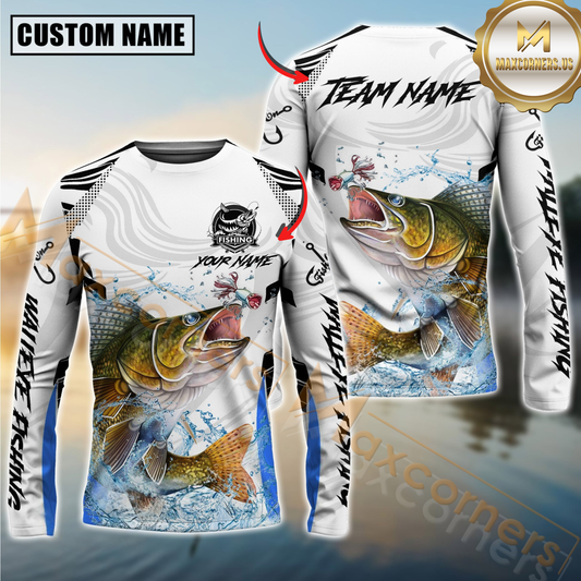 Maxcorners Walleye Fishing White Black Curve Pattern Design Custom Name & Team Name 3D Shirts