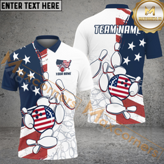 Maxcorners Bowling And Pins Liberty Roll US Flag Personalized Name And Team Name 3D Shirt TU2006