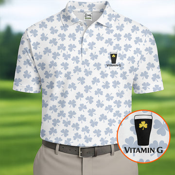 Maxcorners Vitamin G Shamrock Pattern Golf And Beer White Golf Shirt, St Patrick's Day Golf Shirt, Polo Shirts For Men