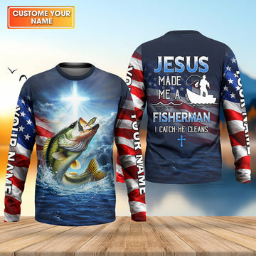 Maxcorners Jesus Made Me A Fisherman Shirt, Patriotic Christian Bass Fishing Shirt For Men, Fishing UPF Shirts