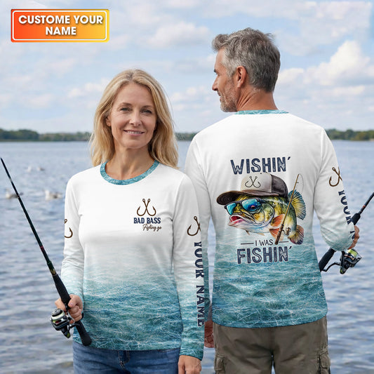 Maxcorners Wishin' I Was Fishin' Shirt, Personalized Bad Bass Fishing Shirt For Men, Fishing UPF Shirts