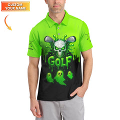 Maxcorners Halloween Golf Polos, Green Skull Golf Shirt For Men, Custom Name Golf Polo, Funny Golf Shirts For Golfers