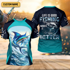 Maxcorners Life Is Good Fishing Makes It Better Performance Fishing Shirts, Swordfish Fishing SPF Shirt For Men