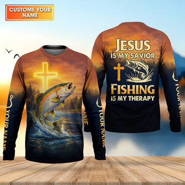 Maxcorners Jesus Is My Savior Fishing Is My Therapy Shirt, Custom Name Fishing Shirt, Fishing UPF Shirts, Funny Fishing Shirt
