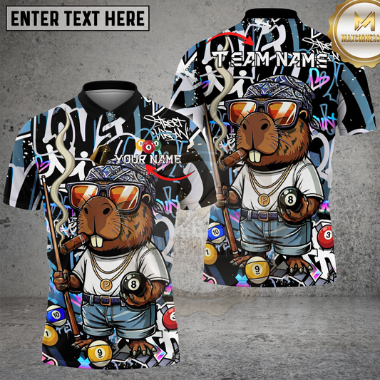 Maxcorners Capybara Billiards Shirt Funny Gangster Graffiti Style Multi Options Personalized Name, Team Name Unisex 3D Shirt (4 Colors)