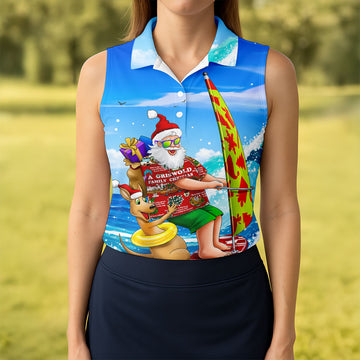 Maxcorners Santa And Reindeer Beach Surfing Christmas Golf Shirt, Women's Golf Tops, Hawaiian Golf Shirt LM1507