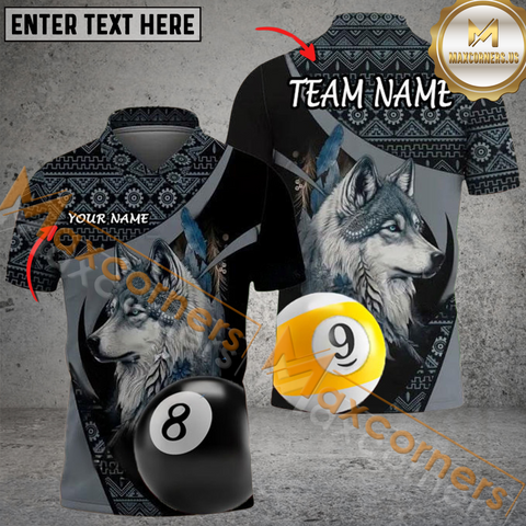 Maxcorners Ball 8 And Ball 9 Native Wolf Billiard Jersey Personalized Name, Team Name 3D Polo Shirt