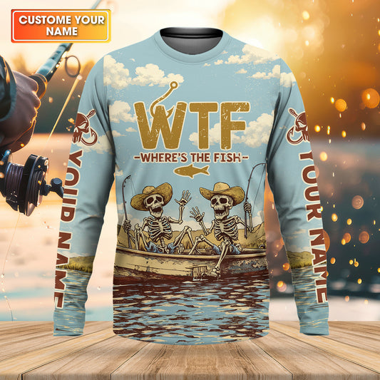 Maxcorners Personalized WTF Where’s The Fish Fishing Shirt, Funny Skeleton Fishermen Boat, Custom Name