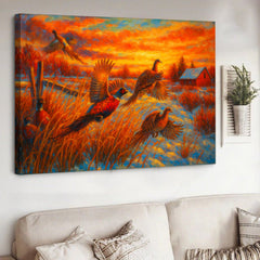 Maxcorners Flying Pheasants Sunset Canvas Wall Art – Rustic Hunting Cabin Decor for Nature Lovers