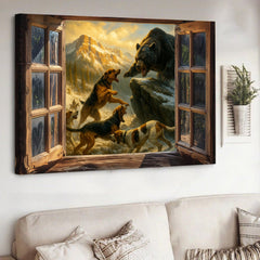 Maxcorners Epic Bear vs Hunting Dogs Wall Art Canvas – Western Mountain Wildlife Battle Painting for Hunters’ Cabin