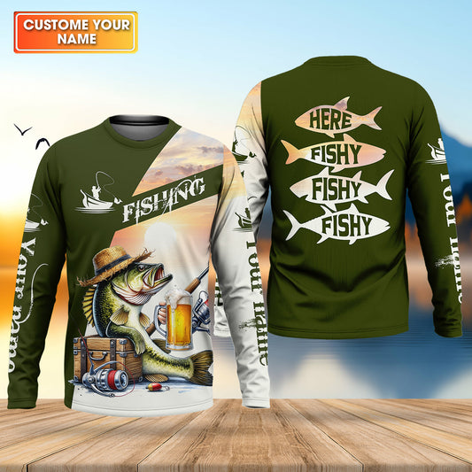 Maxcorners Here Fishy Fishy Funny Fishing Shirt, Fisherman Beer Shirt For Men, Custom Fishing Gift
