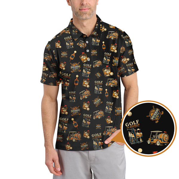 Maxcorners Golf and Bourbon Pattern Polos, Funny Bourbon Shirt For Men, Crazy Golf Shirts For Golfers