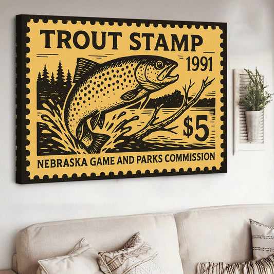 Maxcorners Vintage Trout Stamp Canvas Wall Art – Rustic Fishing Lodge Decor Gift for Anglers & Collectors